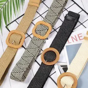 Straw Woven Elastic Plastic Rattan Buckle Waist Belt Set of 4 Kabuer Straw Woven Wide Waist Belt for Women Elastic Stretch  main image 3
